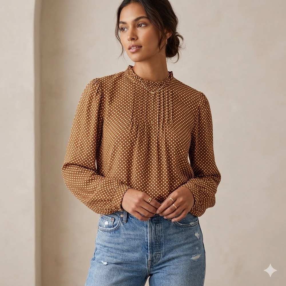 LOFT Polka Dot Ruffle Neck Long Sleeve Blouse Women's Size S Brown White NWT